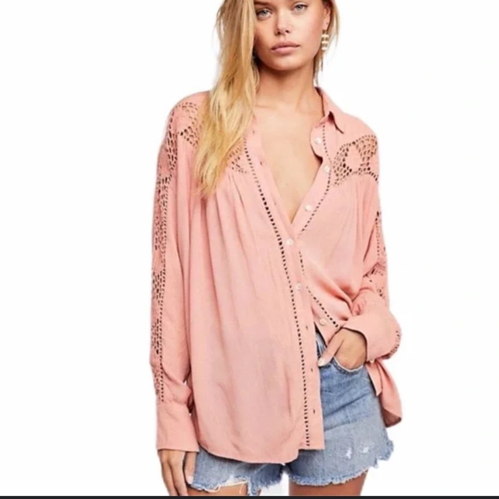 Free People Katie Bird Long Sleeve Blouse Peach size M